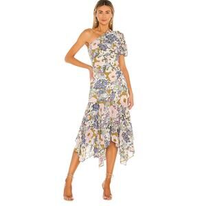 ASTR Santorini Pink White Dusty Blue  Floral One Shoulder Handkerchief Hem Dress